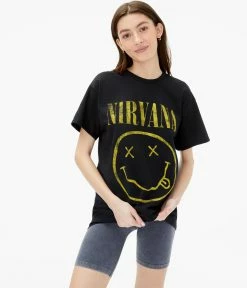 Aeropostale Women's Nirvana Smiley Face Boyfriend Graphic Tee