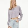 Aeropostale Women's Long Sleeve Washed Oversized Cropped Henley Tee