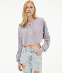 Aeropostale Women's Long Sleeve Washed Oversized Cropped Henley Tee