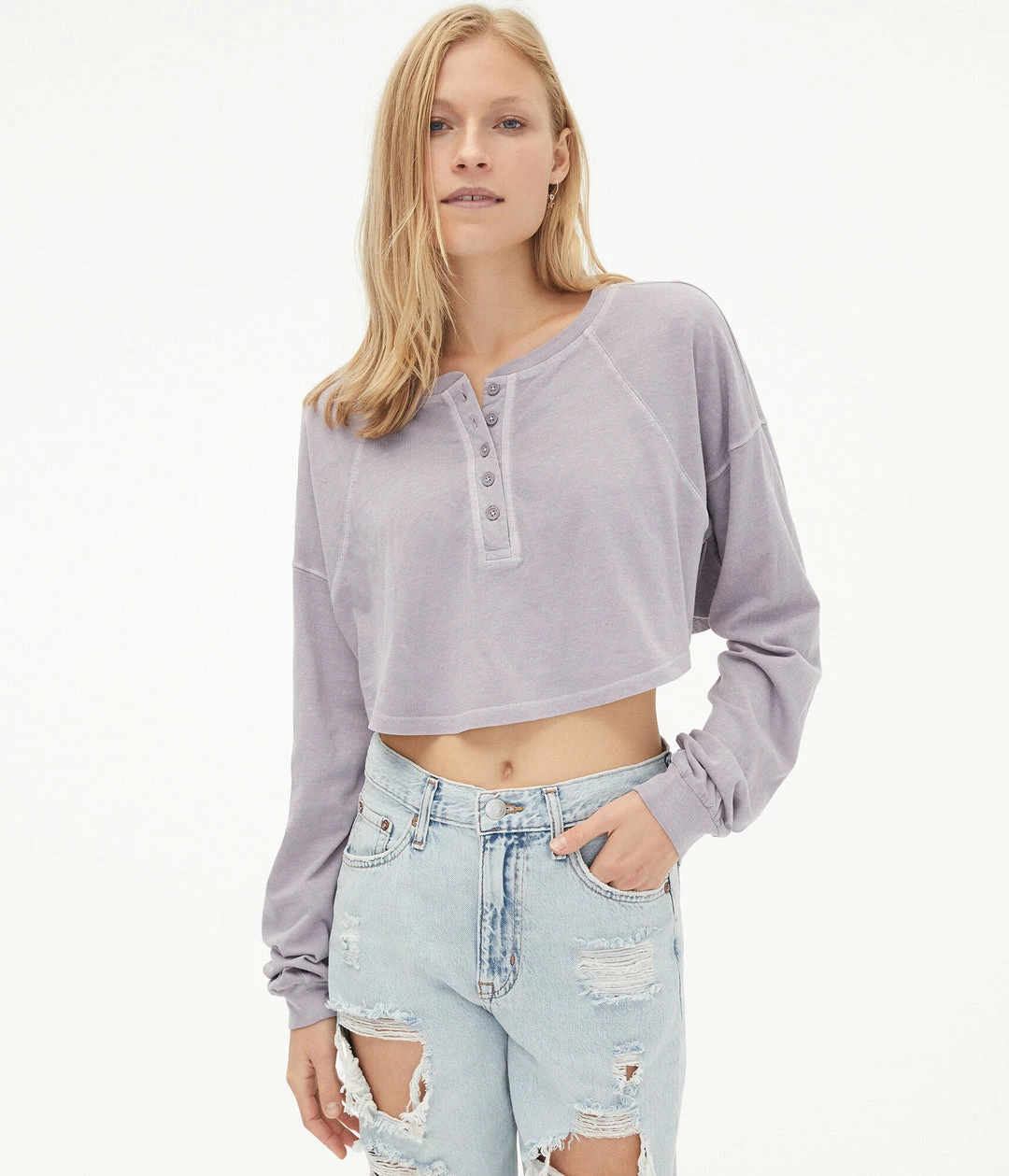 Aeropostale Women's Long Sleeve Washed Oversized Cropped Henley Tee