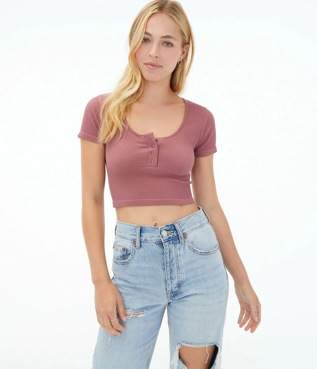 Aeropostale Women's Seriously Soft Seamless Cropped Snap Henley - Image 6