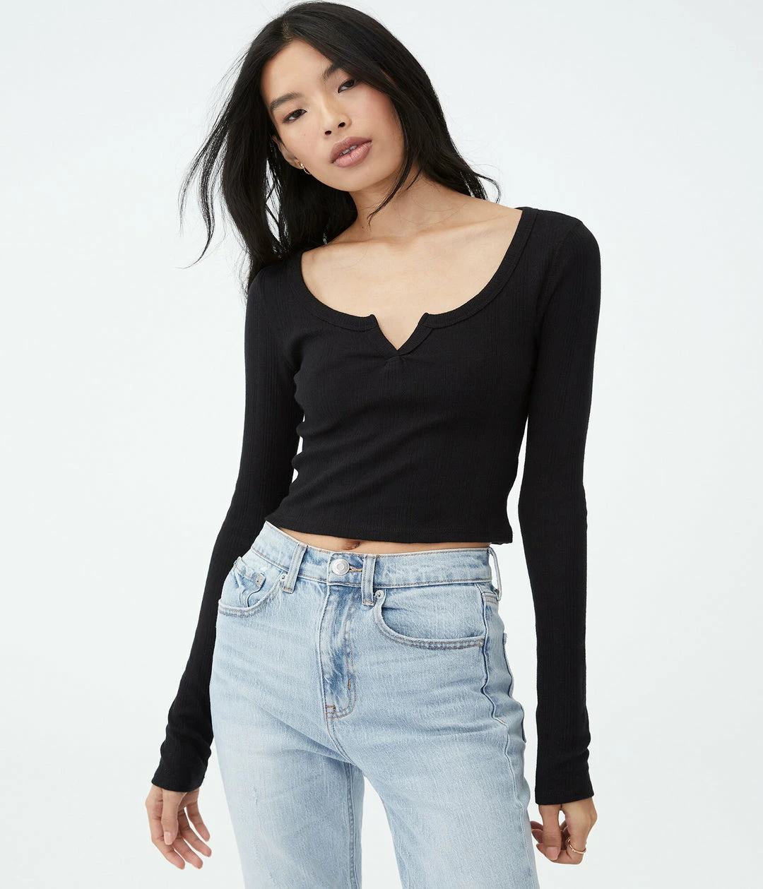 Aeropostale Women's Long Sleeve Notch-Neck Cropped Shrunken Tee - Image 6