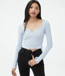 Aeropostale Women's Long Sleeve Notch-Neck Cropped Shrunken Tee