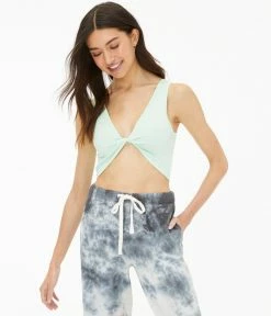 Aeropostale Women's Acid Wash Seamless Twist-Front V-Neck Crop Top