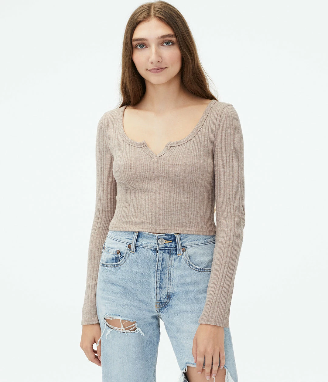 Aeropostale Women's Long Sleeve Notch-Neck Cropped Shrunken Tee