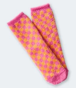 Aeropostale Women's Checkerboard Fuzzy Crew Socks