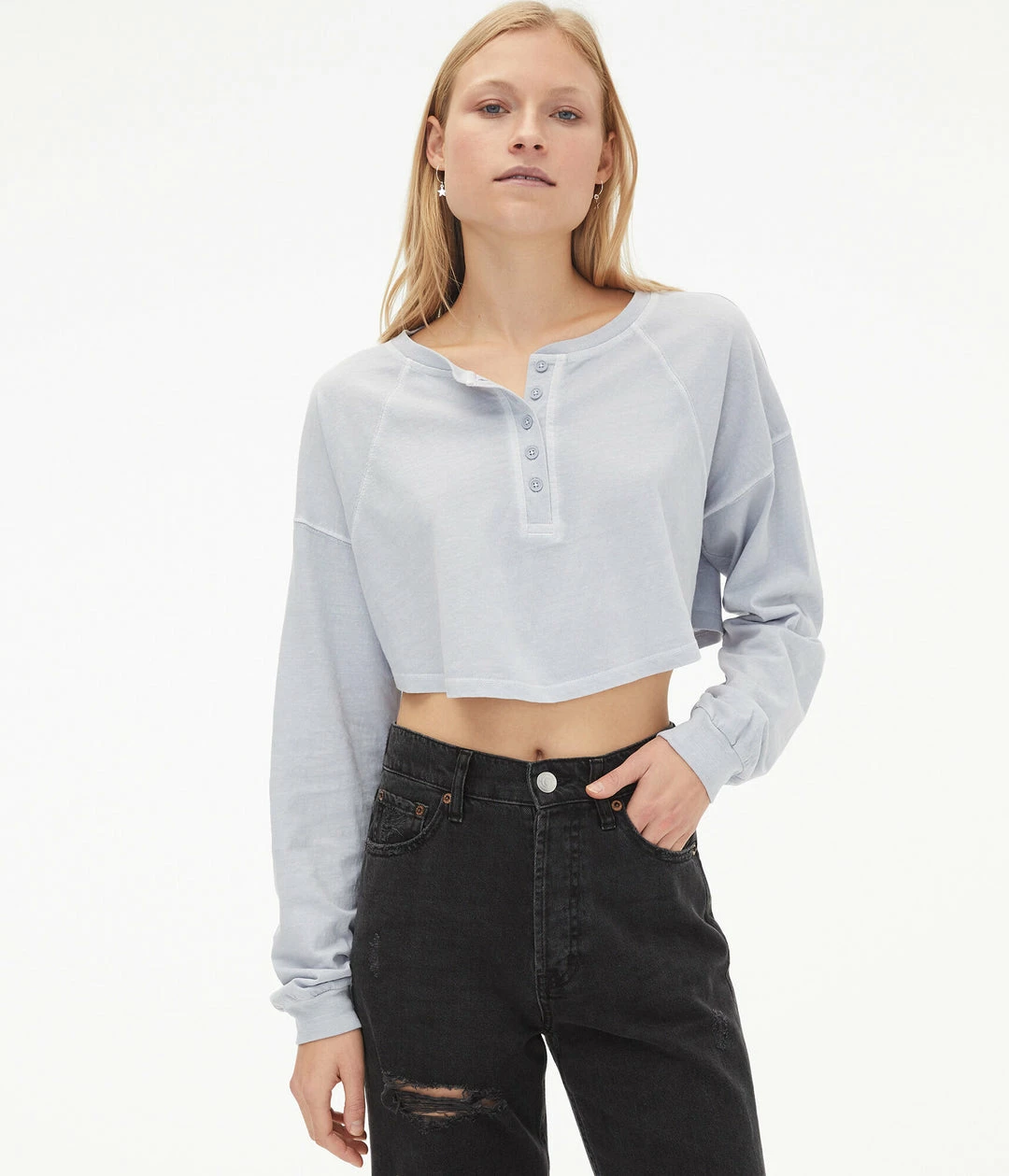 Aeropostale Women's Long Sleeve Washed Oversized Cropped Henley Tee - Image 6