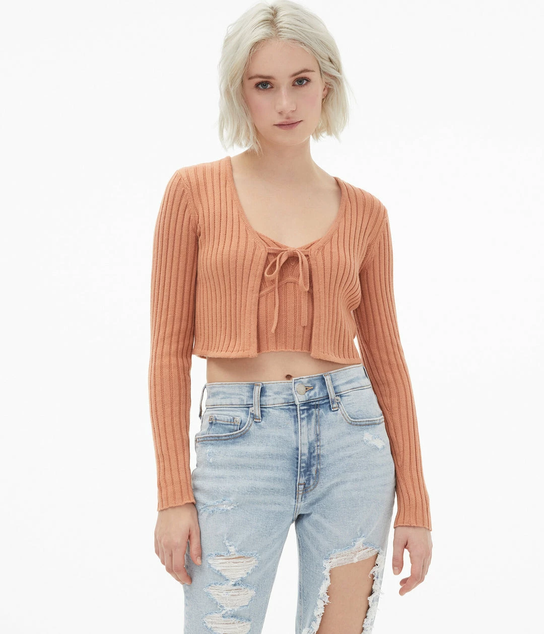 Aeropostale Women's Ribbed Tie-Front Cropped Cardigan