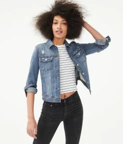 Aeropostale Women's Seriously Stretchy Medium Wash Denim Jacket Blue