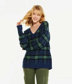 Aeropostale Women's Plaid Oversized V-Neck Sweater