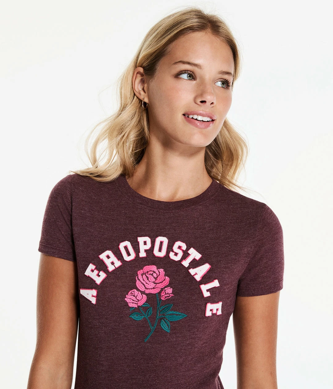 Aeropostale Women's Arch Rose Appliquac Graphic Tee