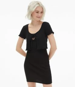 Aeropostale Women's Short Sleeve Tie-Front Cropped Dress Cardigan