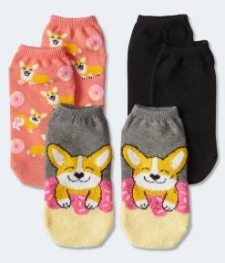 Aeropostale Women's Fuzzy Corgi Donut Ankle Sock 3-Pack