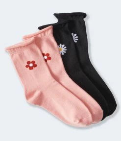 Aeropostale Women's Flower Rolled-Edge Crew Sock 2-Pack