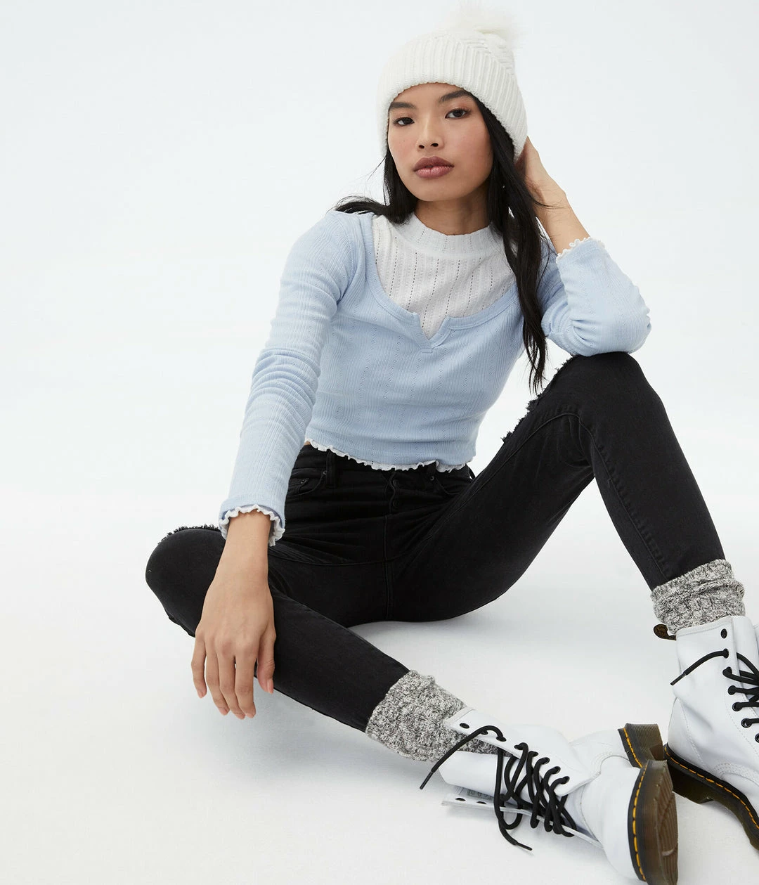 Aeropostale Women's Long Sleeve Notch-Neck Cropped Shrunken Tee - Image 2