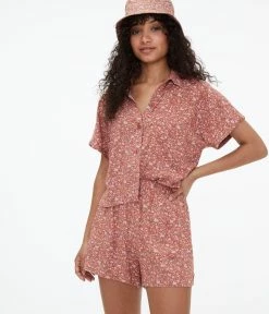 Aeropostale Women's Short Sleeve Floral Boyfriend Button-Down Shirt