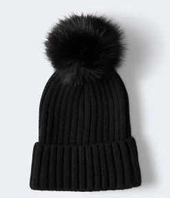 Aeropostale Women's Ribbed Faux Fur Pom Beanie