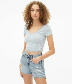 Aeropostale Women's Floral Lace-Trim V-Neck Cropped Shrunken Tee